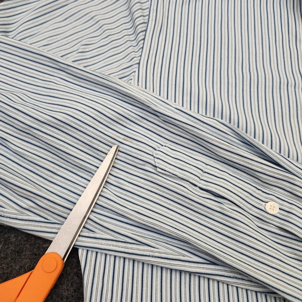 Buttercloth Mens Large Blue White Striped Icy Cotton Regular Fit Button Up Shirt
